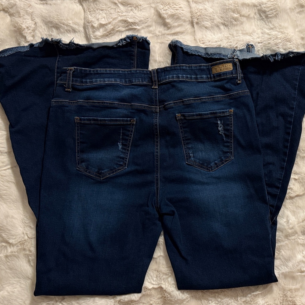 Lucky & Blessed Dark Blue Flare with Raw Hem Jeans, Size 18 - Picture 4 of 10